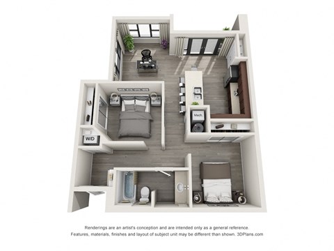 Floor plan for 2 beds, 1 bath, 850 sqft